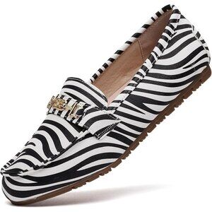 Women Zebra Polyurethane Accent Buckle Leisure Slip On Walking Flats Shoes